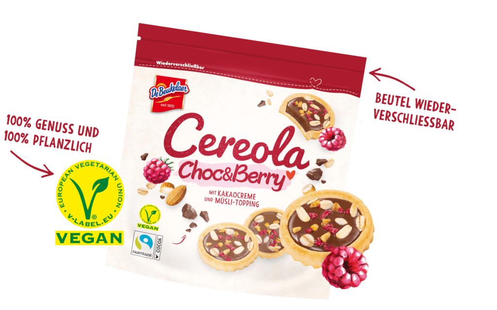 Cereola Choc&Berry - veganer Keks im wiederverschließbaren Beutel