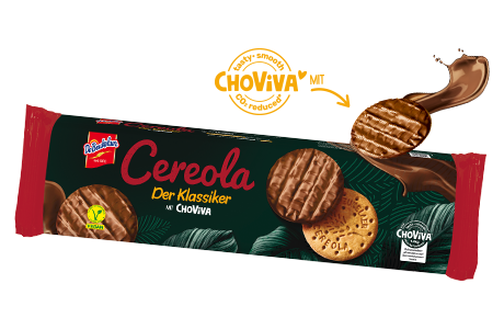 Verpackung und Keks der veganen Cereola 'Der Klassiker mit ChoViva' von De Beukelaer mit Hinweis auf ChoViva